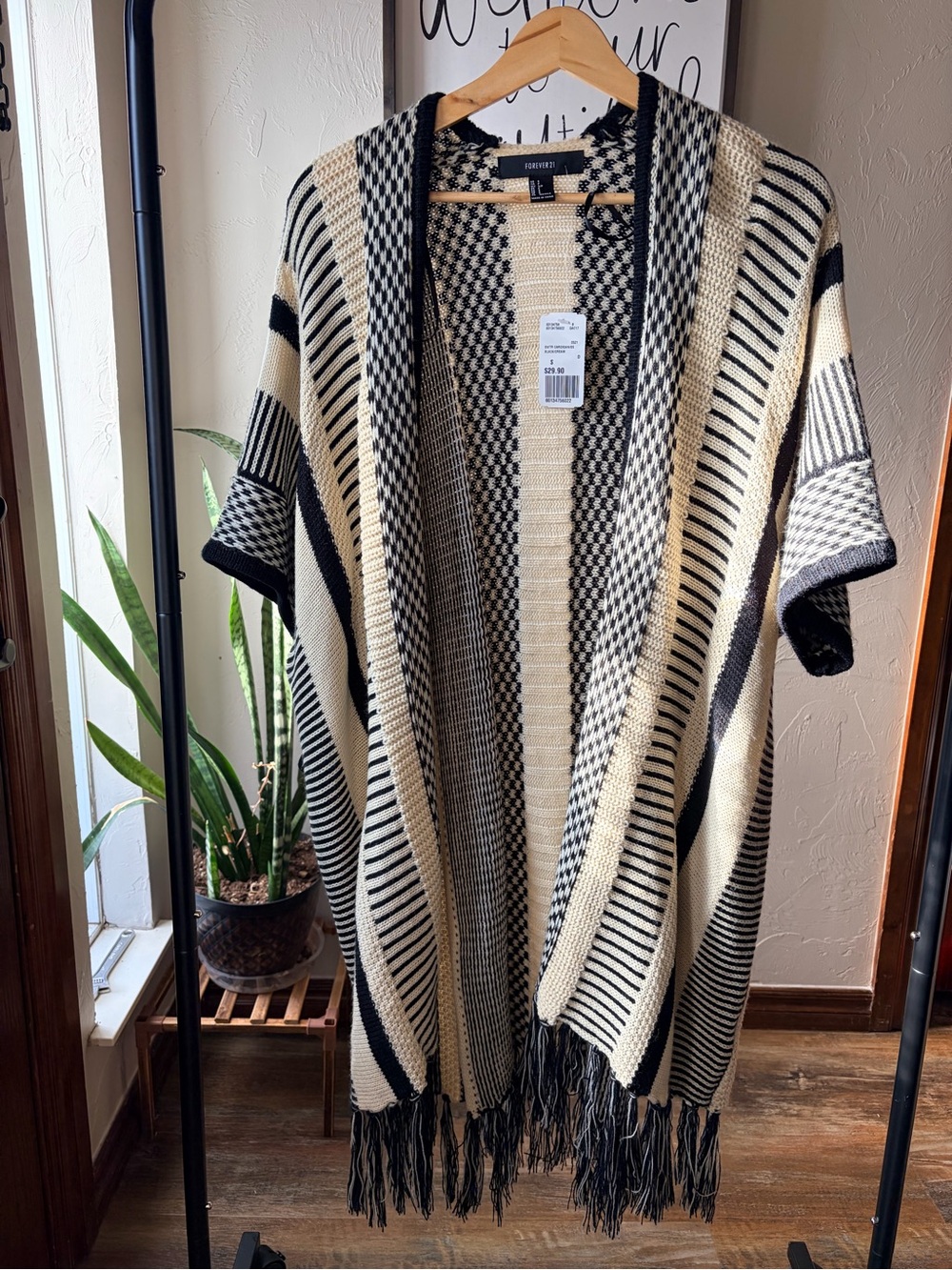 Forever 21 NWT Black and Cream Striped Fringe Open Cardigan